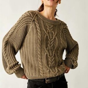 Free People Olive Cable Knit Sweater
